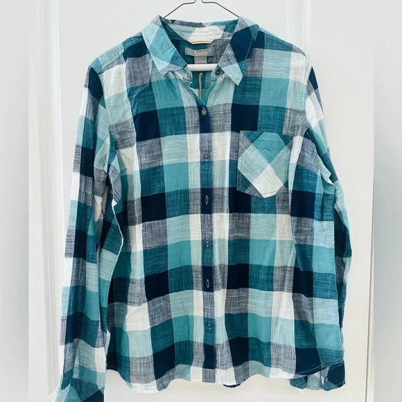 Women’s Natural Reflections NWT blue Teal button Plaid top Size Large - Picture 1 of 8